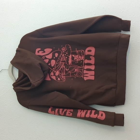 Social Scene Live Wild Brown Hoodie Back Print Pink Mushrooms Kangaroo Pocket - Picture 9 of 9